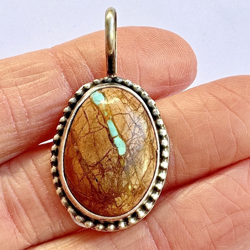 Navajo Natural Boulder Ribbon Turquoise Pendant 1.75in Signed Largo Sterling 925
